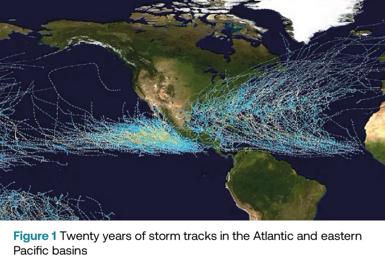 An image on the last twenty years of storm tracks in the Atlantic and eastern Pacific basins.